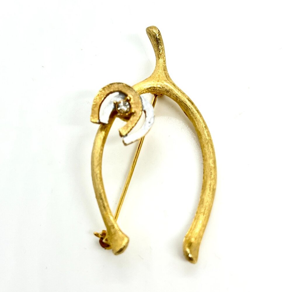 VINTAGE BEAUJEWELS WISHBONE Horseshoe Brooch Gold Silver Tone Rhinestone mcm Pin